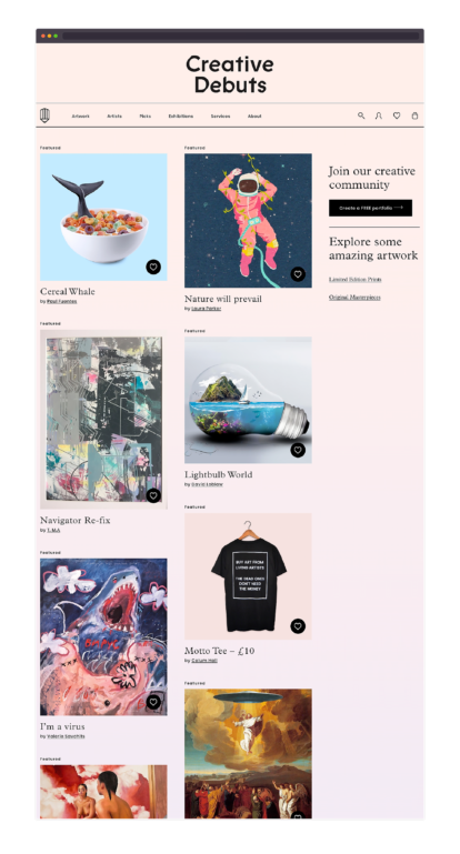 Creative Debuts homepage screenshot